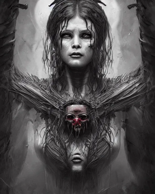 Image similar to demonic lilith goddess, hyper realistic face, horror, fantasy art, in the style of greg rutkowski, intricate, hyper detailed