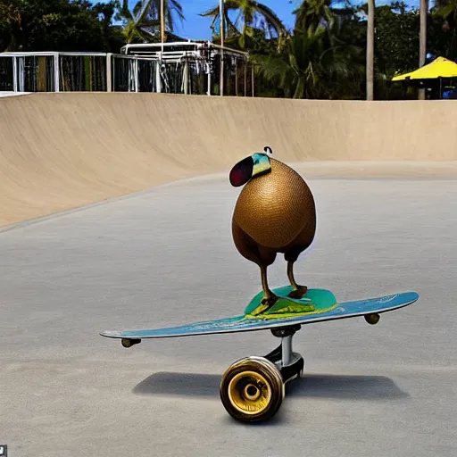 Image similar to a dodo wearing a gold chain around its neck and baseball cap, on a hovering skateboard without wheels, at a skate park near the beach, Saturday Morning cartoon