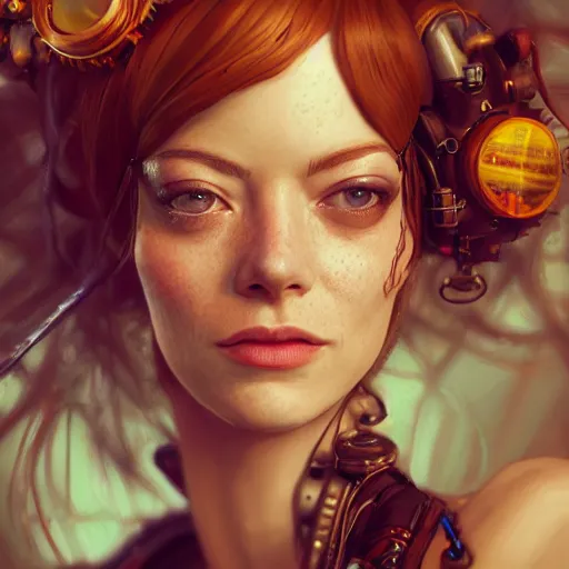 Image similar to underwater steampunk portrait of emma stone, hyper detailed, digital art, trending in artstation, cinematic lighting, studio quality, smooth render, unreal engine 5 rendered, octane rendered, art style by klimt and nixeu and ian sprigger and wlop and krenz cushart.