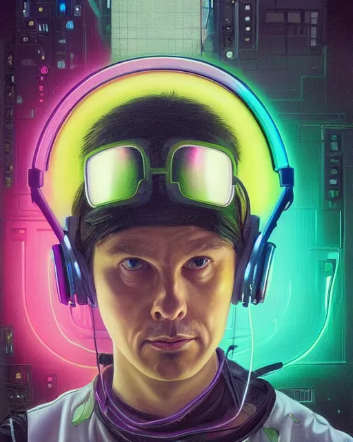 Prompt: future coder looking on, age 3 5, glowing visor over eyes and sleek neon headphones, neon accents, desaturated headshot portrait painting by donato giancola, dean cornwall, rhads, tom whalen, alex grey, alphonse mucha, astronaut cyberpunk electric fashion photography