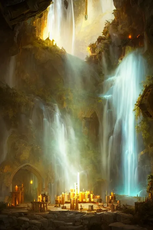 Prompt: Detailed Interior of Monastery Ruins, Waterfall walls, light of god, light shafts, candles, stunning atmosphere, in Style of Peter Mohrbacher, cinematic lighting, masterpiece