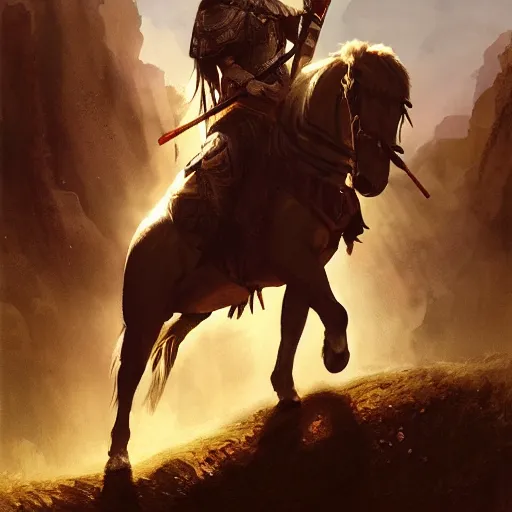 Prompt: gladiator mounted on horseback and carrying the flag of the cross of saint andrew on top of a hill, key art by craig mullins, bloom, dramatic lighting, cinematic, high details