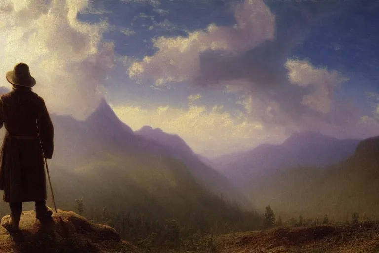 Image similar to a traveler wandering trough the mountains looking at the clouds, very detailed, oil painting, cinematic lighting, albert bierstadt, trending on artstation, colorful, canvas, sunset, hans dahl, theodor kittelsen, grey cloak, brimmed hat, old man
