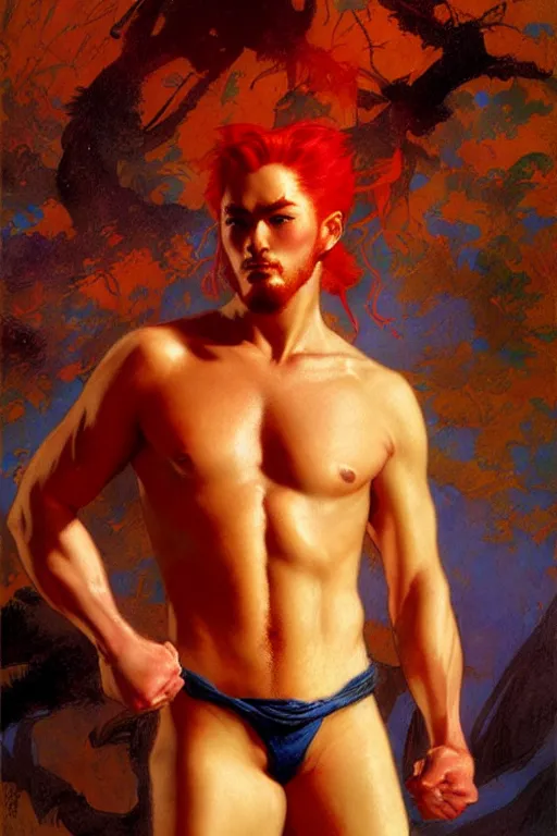 Prompt: male, fighter with magic power, red hair, character design, ming dynasty, colorful, painting by gaston bussiere, craig mullins, j. c. leyendecker, tom of finland