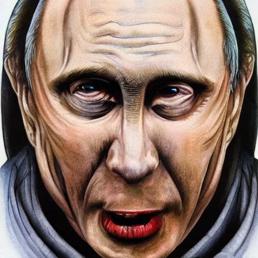 Image similar to portrait by giger of vladimir putin who became an ugly retarded lovecraftian degraded monstrosity, photo - realistic, color image, 2 k, highly detailed