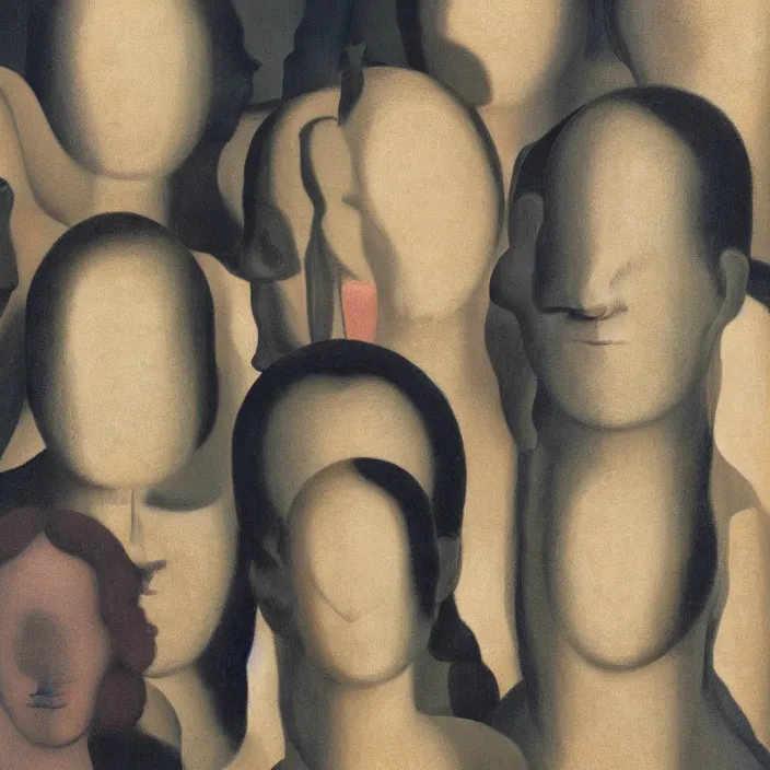 Image similar to group of people pictured in afternoon light, close - up of the faces, anatomically and proportionally correct, surrealist oil painting by dora maar and rene magritte, detailed