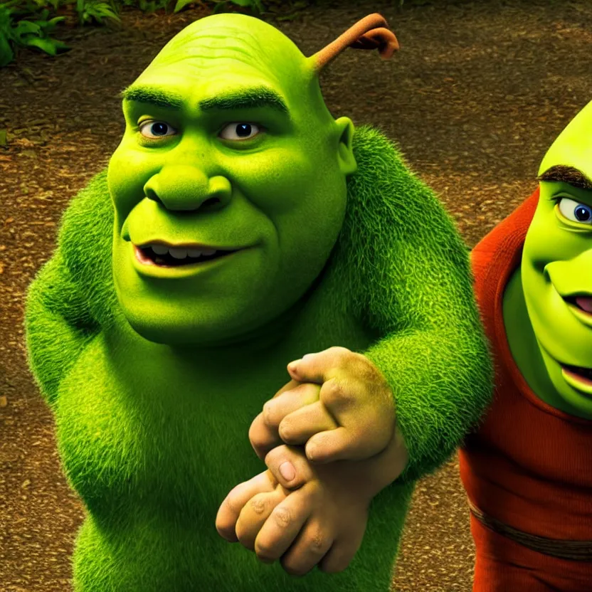 Image similar to shrek and sonic holding hands in a park, cinematic lighting, volumetric lighting, award winning photography, highly detailed, intricate, sharp focus, 4 k wallpaper, unreal engine, 9 0 mm, f / 1. 4