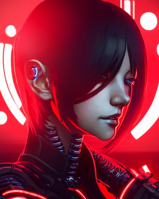 Image similar to a detailed potrait of a cyberpunk cyborg girl with black and red parts, perfect face, realistic shaded perfect face, detailed. night setting. very anime style. realistic shaded lighting poster by ilya kuvshinov katsuhiro, unreal engine, global illumination, radiant light, detailed and intricate environment