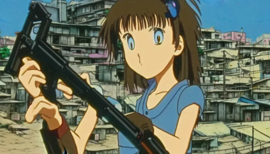 Image similar to 1 9 8 6 anime screencap of a girl with a gun on a rio de janeiro anime, by hayao miyazaki, studio ghibli, favela background extremely high quality artwork 4 k