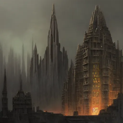 Image similar to * * one gigantic brutalist ancient tower, a detailed structure with at the top 3 spires in form of a trident, 1 0 0 0 meters tall set against sunlit, surrounded by smoke, mountains and a huge old city, 8 k, volumetric lighting, cinematic composition, octane render, dark surrealism, highly detailed by peter mohrbacher