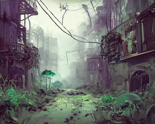 Image similar to the abandoned streets of the overgrown city in the style of decopunk/crystalpunk