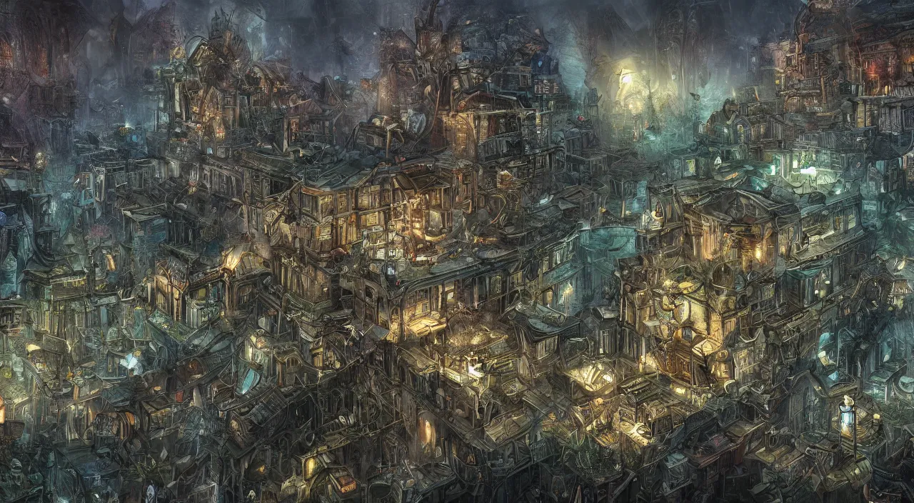 Image similar to lovecraftian town with living beings, large scale, breathtaking, mixed media, digital art, trending on artstation, 8k, epic composition, highly detailed, AAA graphics