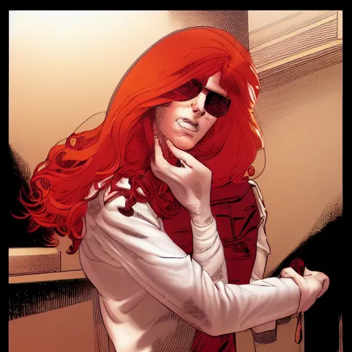 Image similar to a beautiful comic book illustration of a red-headed woman with white shirt in a laboratory by Jerome Opeña, featured on artstation