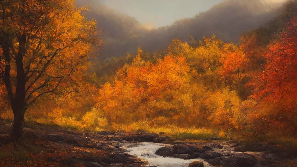 Image similar to A beautiful oil painting of hill with a single tree, the tree is in the rule of thirds, the fall has arrived and the leafs started to become golden and red, the river is zigzagging and flowing its way, the river has lots of dark grey rocks, by Greg Rutkowski