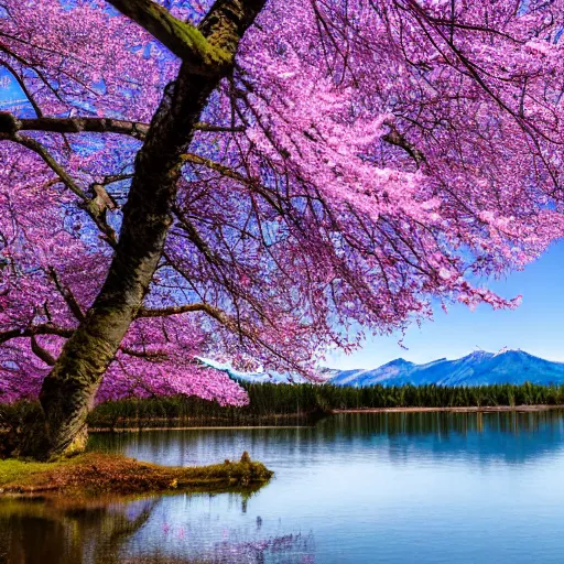 Prompt: forest and lakes with purple Sakura flowers with snow mountains at the background