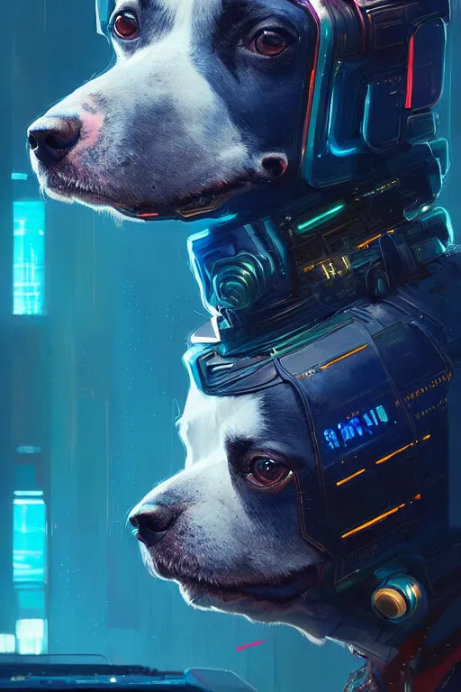 Image similar to a beautiful portrait of a cute cyberpunk dog with blue tinted starfield in the background by greg rutkowski and wlop, digital art, highly detailed, fine detail, intricate, ornate, complex