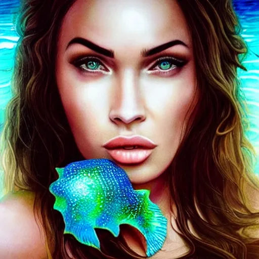 Image similar to “Megan Fox portrait, fantasy, mermaid, cartoon, pearls, glowing hair, shells, gills, crown, water, highlights, starfish, goddess jewelry, realistic, digital art, pastel, magic, fiction, ocean, game”