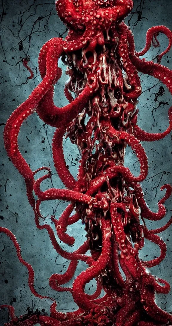 Prompt: very terrifying cenobite cephalopod Lovecraftian demon splattered with blood, long sharp teeth, full body portrait showing entire scary monster, barbed wire, neo-expressionistic, maximalist, horror monster masterpiece, trending on DeviantArt, 4K resolution, dark cinematic, hyperrealism, octane render, volumetric lighting, ultra-detailed, chiaroscuro, dark blue ocean background, deep underwater, in the style of Giger and Ralph Steadman and Da Vinci,