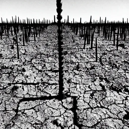 Image similar to radioactive spike field, monolithic granite spikes, one lone person standing in front of the spikes, creepy monotone black and white lighting, post nuclear fallout, desolate, no life, high resolution, old photo, style of salvador dali, van gogh