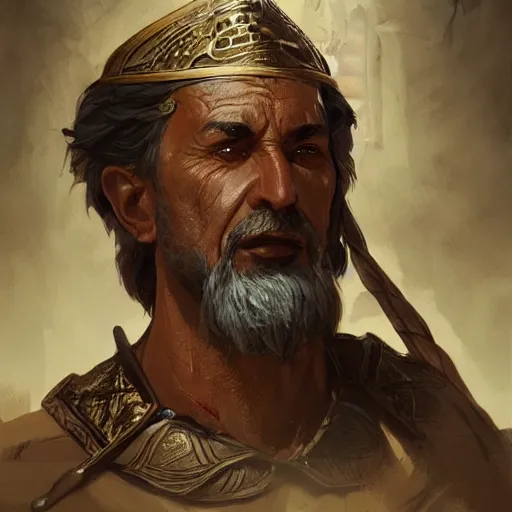 Image similar to an, old, weathered middle eastern warrior, drinking alcohol, D&D, highly detailed, digital painting, artstation, concept art, sharp focus, illustration, cinematic lighting, art by artgerm and greg rutkowski and alphonse mucha