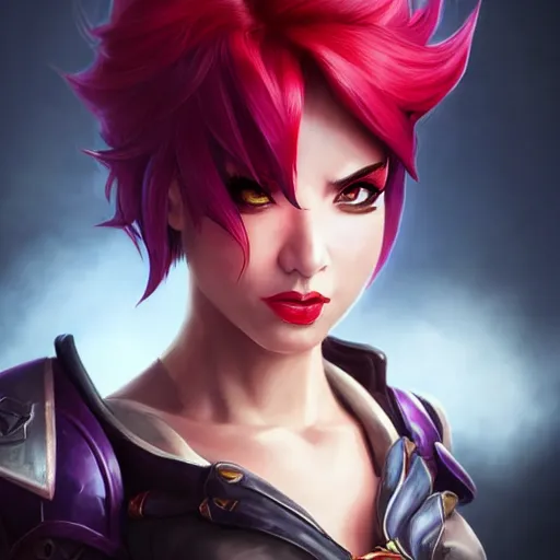 Prompt: portrait of Vi from League of Legends, by Fortiche Studio, from Netflix's Arcane, trending on artstation,fine details, angry look, realistic shaded, fine-face, Steampunk city on the background, red hair, award winning, painted texture, pretty face,by Artgerm