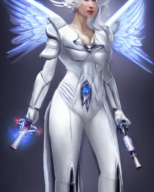 Image similar to perfect white haired attractive egyptian goddess with huge white dove wings holding a light saber, warframe armor, beautiful, symmetric, dreamy, half asian, pretty face, blue eyes, detailed, scifi platform, laboratory, experiment, 4 k, ultra realistic, epic lighting, android body, illuminated, cinematic, masterpiece, art by akihito tsukushi, voidstar