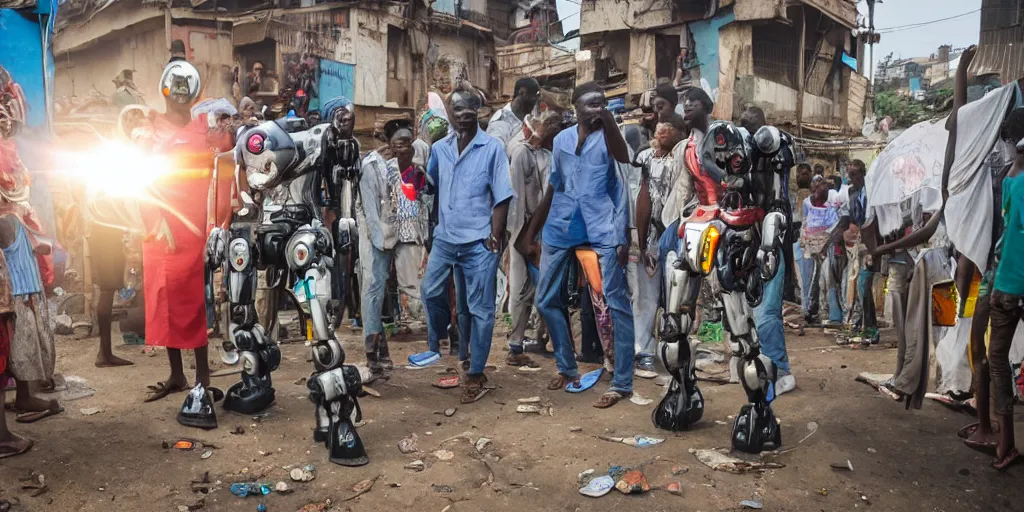 Image similar to mecha robot in Ajegunle slum of Lagos conversing with African Jesus Christ about beauty under a large UFO beaming a neon ray of light,