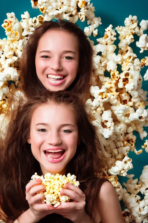 Image similar to portrait ancient of a happy girl, lots of flowers and popcorn around, hyperrealistic, hightech