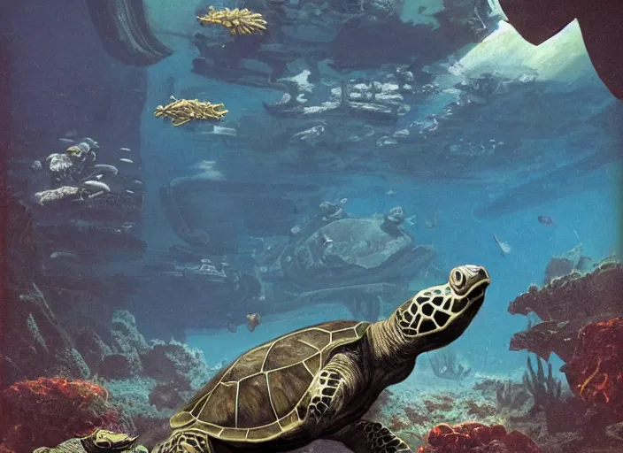 Image similar to mega turtles underwater in a ruined Atlantis art by Chesley Bonestell, cgsociety, retrofuturism, matte painting, reimagined by industrial light and magic