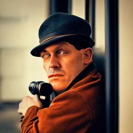 Image similar to private detective. navy and burnt orange hues. 40mm lens, shallow depth of field, split lighting