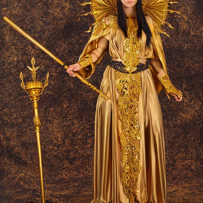 Image similar to photograph of a real-life beautiful sun witch with ornate gold robes and staff. Extremely detailed. 8k