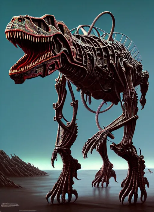 Image similar to transformer trex mech dinosaur, by roberto aizenberg, zdzisław beksinski, brian despain, peter gric, boris artzybasheff and hr giger, hyper detailed, screen print, character concept art, hyperrealism, coherent, cgsociety, zbrush central, behance hd, hypermaximalist