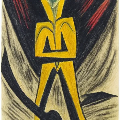 Prompt: unified by erich heckel. a beautiful drawing of a human - like creature with long, stringy hair. the figure has no eyes, only a mouth with long, sharp teeth. the creature is standing on a cliff overlooking a dark, foreboding sea.