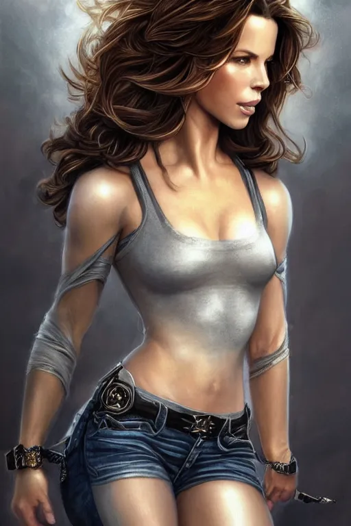 Image similar to Kate Beckinsale as a heroine in a t-shirt and jeans, intricate, elegant, highly detailed, centered, digital painting, artstation, concept art, smooth, sharp focus, illustration, art by artgerm and donato giancola and Joseph Christian Leyendecker, Ross Tran, WLOP