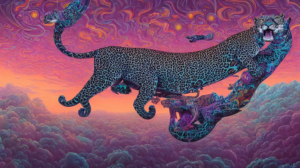 Prompt: highly detailed painting of a dream involving jaguars in colorful clouds in the middle of the night by oliver vernon artist, joseph moncada, damon soule, manabu ikeda, kilian eng, moebius, nico delort, kyle hotz, dan mumford, otomo, 4 k resolution