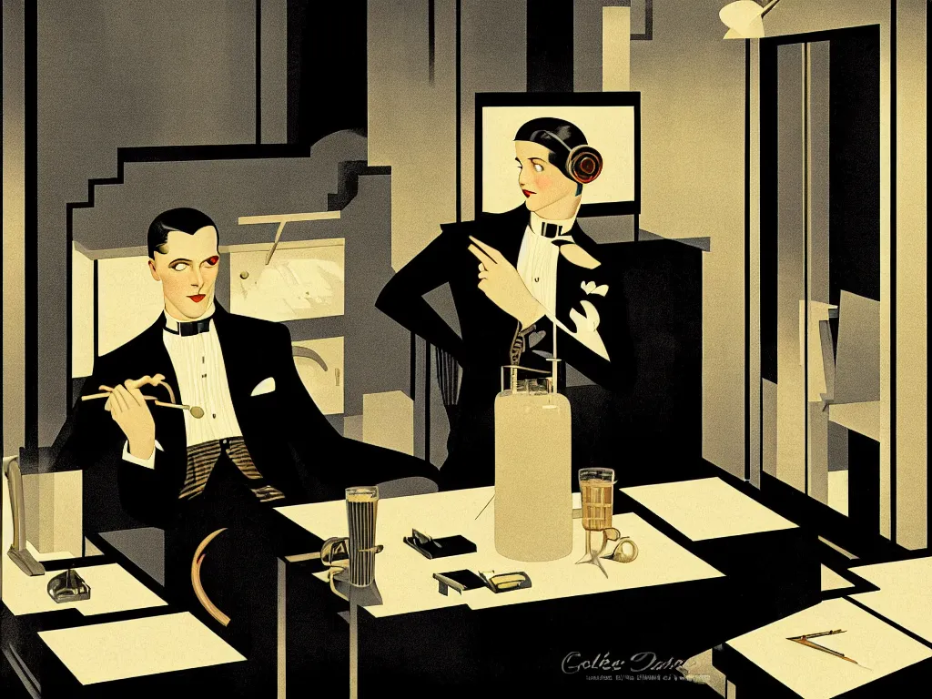 Prompt: a man late at night in his empty office working alone, no one around, dimly lit upscale 1920s speakeasy, relaxed pose, art deco, detailed painterly digital art style by Coles Phillips, retro vibe, furaffinity, 🍸, 8k octane beautifully detailed render, post-processing, extremely hyperdetailed, intricate, epic composition, grim yet sparkling atmosphere, cinematic lighting + masterpiece, trending on artstation, very detailed, vibrant colors, Art Nouveau, masterpiece, romanticism