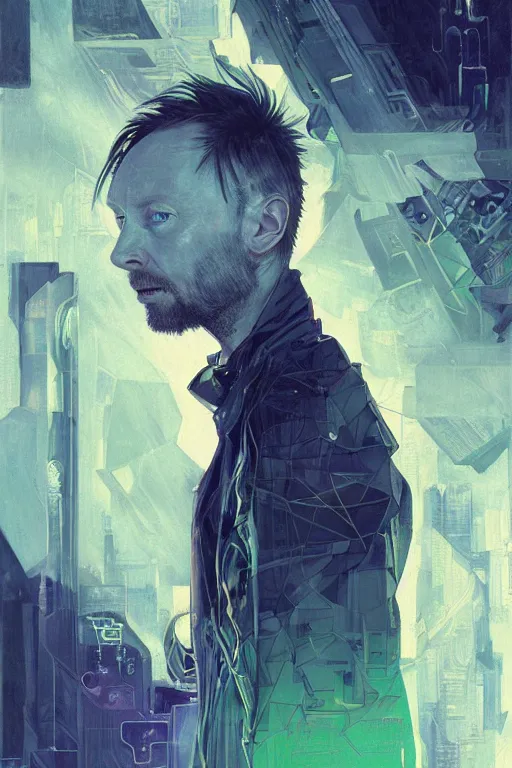 Prompt: A portrait of Thom Yorke as a cyberpunk android, iridescent geometry, surrounded by Mist, highly detailed, intricate, soft, sci-fi, sharp focus, subsurface scattering, art by Caravaggio, Greg rutkowski, Sachin Teng, Thomas Kindkade, Alphonse Mucha, Norman Rockwell, Tom Bagshaw.