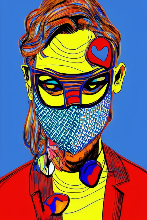 Image similar to random masked guy with blouse, pop art, aesthetic art, 8 k, asymmetrical, high details, digital painting, concept art, smooth, sharp focus, illustration, intricate, art by arstation and mimmo rottela, pixels art by paul robertson