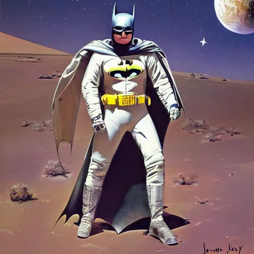 Image similar to hyper realistic portrait of batman in desert, wearing astronaut outfit, 35mm, painting by John berkey