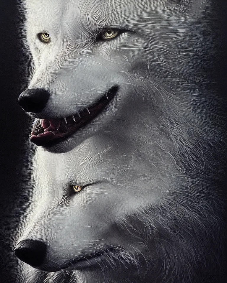 Image similar to ultra realist intricate detailed portrait of a white wolf that growls, insanity, accurate features, apocalyptic, very intricate details, 8 k resolution, dim lighting, volumetric lighting, artstyle, zdzisław beksinski and keith thompson, award winning