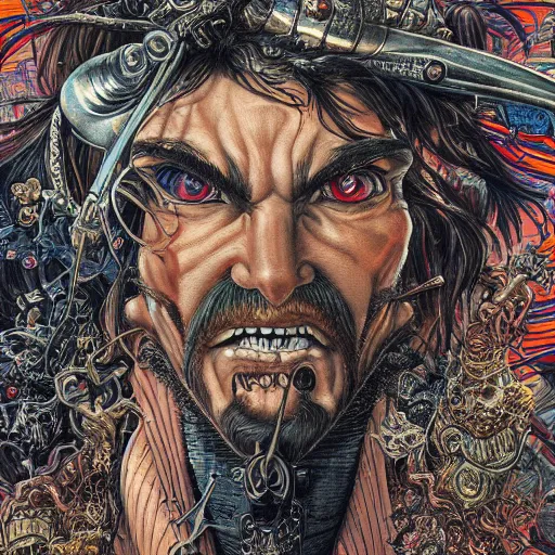 Image similar to portrait closeup of crazy captain hook, galleons, symmetrical, hyper detailed, by yoichi hatakenaka, masamune shirow, josan gonzales and dan mumford, ayami kojima, takato yamamoto, barclay shaw, karol bak, yukito kishiro