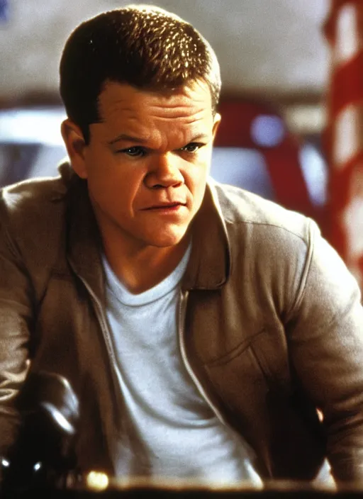 Image similar to matt damon in team america world police, film still, cinematic action,