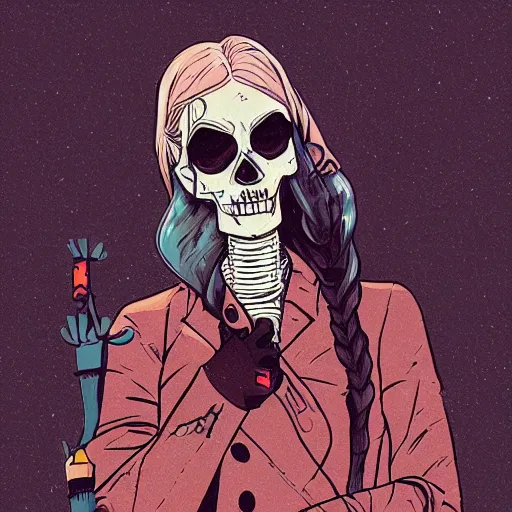 Prompt: a colorful comic noir style illustration of a beautiful woman wearing a skeleton suit in a post-apocalyptic desert by queens of the stone age and sachin teng, dark vibes, street art, cinematic, high contrast, depth of field