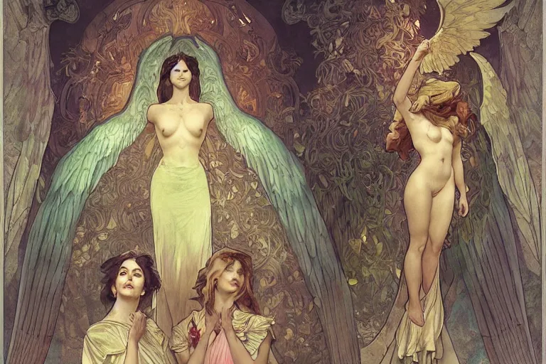 Prompt: inside a tomb, dark scene, light coming in from the left, 3 women crouching in colored robes, 2 angels with feathered wings | medium close | fibonacci composition, by artgerm, greg rutkowski, alphonse mucha