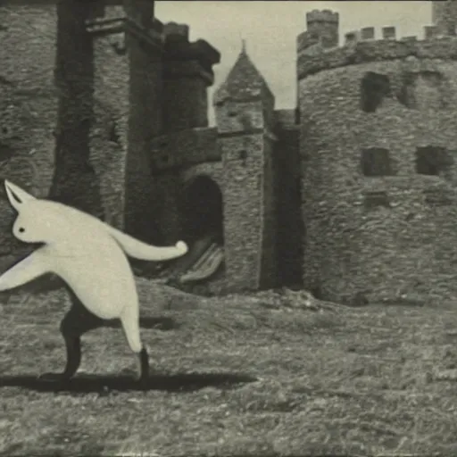 Image similar to anthropomorphic fox man fights in front of a castle while it begins to crumble, 1910s film scene