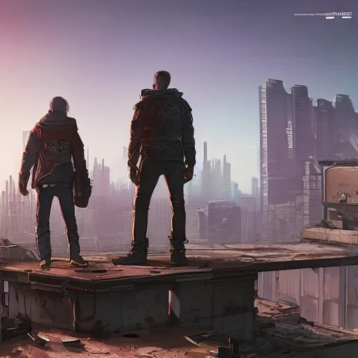 Man needlessly standing on roof overlooking cyberpunk city posing