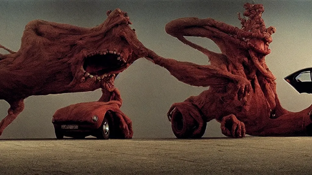 Image similar to the hip creature on the car, film still from the movie directed by denis villeneuve and david cronenberg with art direction by salvador dali and zdzisław beksinski, wide lens