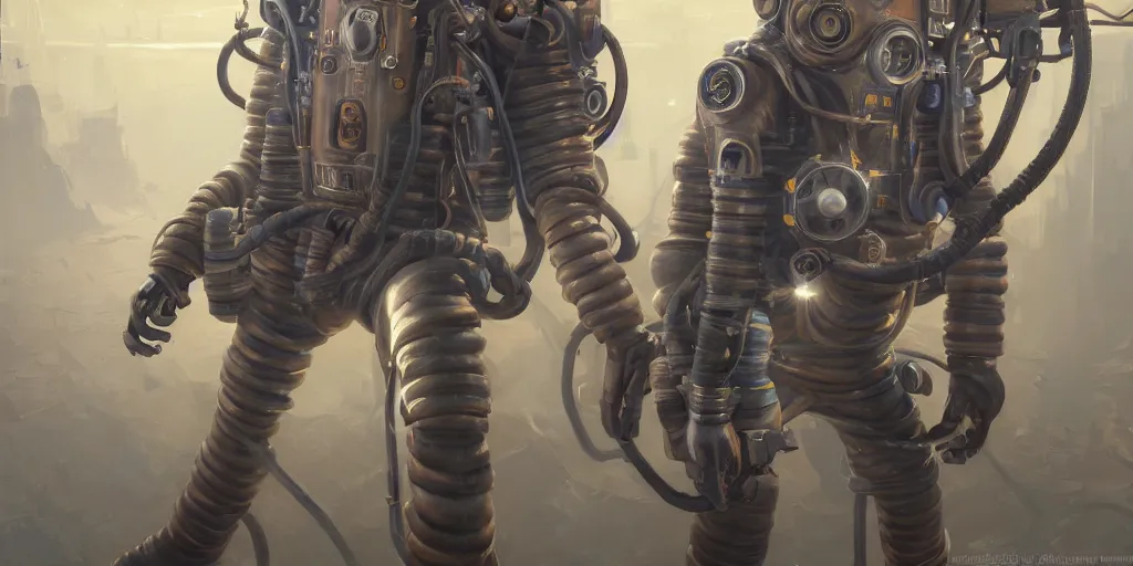 Prompt: highly detailed portrait painting of welder in atmospheric diving suit, perfect symmetrical eyes, by eddie mendoza and tyler edlin, windows, 8 k resolution