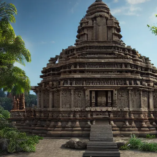Image similar to 4 k unreal engine render of an ancient never seen before indian high detail temple. complex architecture with intricate pilars. high detailed water. flowers. overview, trending on artstation