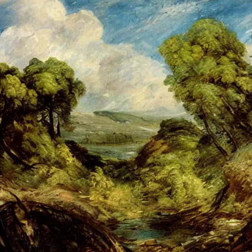 Prompt: painting of a lush natural scene on an alien planet by john constable. beautiful landscape. weird vegetation. cliffs and water.